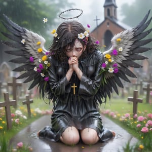 Hiro Crazy Dimension, a sad angle on the church yard, rain, flowers, sad theme, emotional, wet, wings, feathers 