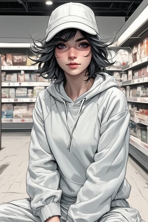 a woman, short bang wavy hair, sit on the supermarket, young and energetic, white sporty outfit, sweater hat, posing for photo,PTAIWcomic