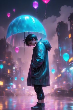 Hiro Crazy Dimension, sad boy, hugging a balloon and cry, rain, cyberpunk city, cinmematic, emotional, dark night, raincoat, glowing