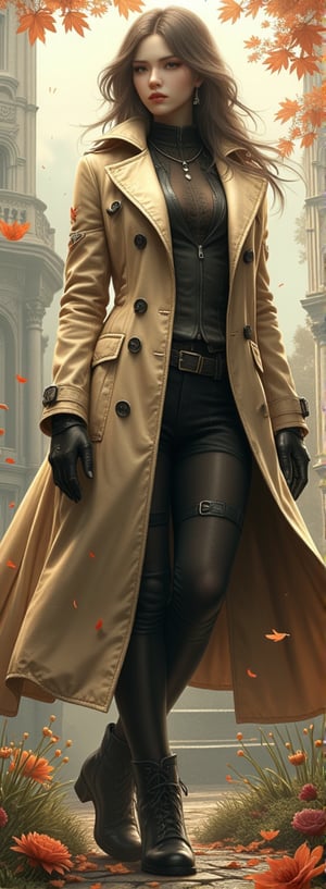 Title: "Chrono Sleuth"

Description:
Visualize a detective who solves mysteries across different eras. This character combines intellect with the power of time travel, moving seamlessly through history.

Visual Elements:

Attire: A blend of vintage and futuristic elements—a classic trench coat with subtle high-tech enhancements like glowing seams or holographic patches.
Pose: Mid-investigation, examining clues with a magnifying glass that displays digital readouts or adjusting a wrist device showing time-travel coordinates.
Expression: Curious and analytical, eyes focused as she pieces together historical puzzles.
Environment: A collage of overlapping scenes from various times—Victorian streets, futuristic cityscapes, ancient ruins—blurring at the edges to suggest temporal shifts.
Accessories: A pocket watch that doubles as a time-travel device or an antique satchel filled with era-specific gadgets.
Artistic Style:

Mixed color palette blending sepia tones for past eras with vibrant hues for futuristic settings to convey the contrast between timelines.
Layered composition capturing multiple periods in one cohesive visual narrative.
Technical Specifications:

Ultra high resolution (16K) ensuring crisp details on attire textures and clarity in each historical setting portrayed within the scene.