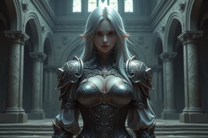 A woman, (fantasy art), (epic:1.3), hot body, sexy, chest plate, shoulder layer armor, straight silver hair, look at viewer, (holding a sword on her chest:1.3), choker, (collar bones:1.2), belly skin.
(Intricate armor:1.3), abandoned church background, gloomy, (cold color tone background:1.3), carving columns, arts on the wall