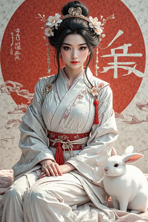 A young woman in a beautiful white kimono sits on a soft, patterned fabric. She is adorned with delicate floral hair ornaments and a red tassel hangs from her waist. Her expression is serene and elegant, her gaze directed towards the viewer. A white rabbit sits beside her, adding a touch of innocence and charm to the scene. The background features a large red circle and a traditional Chinese character, creating a sense of cultural richness and mystique. [Photorealistic portrait, inspired by the works of Annie Leibovitz and Steve McCurry], [Soft, natural light, focus on the woman's face and her elegant pose, blurred background with a sense of depth, textured surfaces, a sense of cultural heritage and beauty], Hanfu, KOLNB, Ahri,Eroflo,PTAIAsianBeauty,PTAIWcomic