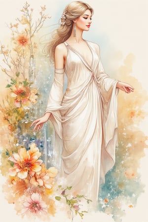 Watercolor, a goddess with light silk outfit, ancient greek, in the fountain with small water fall, water steam, myterious, mythology