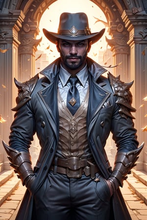 (masterpiece), (ultra detail), (intricate armor), league of legends, Twisted Fate, cowboy hat, trickster smile, manly, thin face, (long black coat:1.2), (elegant suit), posing on the night casino city background, bwcomic