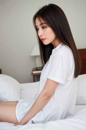 1 girl, realistic, a girl, medium hair, straight hair, look at viewer, low angle, on bed, white shirt