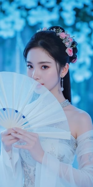 A close-up waist shot of a Asian woman in a white chinese clothes with a silver necklace and earrings. She is holding a white fan with Jade ornaments . The woman's hair is adorned with pink flowers adding a touch of beauty to the scene. creating a soft focus on the woman's face. neon lighting. (cover the background wall with light blue flowers:1.3), (looking at viewer, upper body),PTAIAsianBeauty