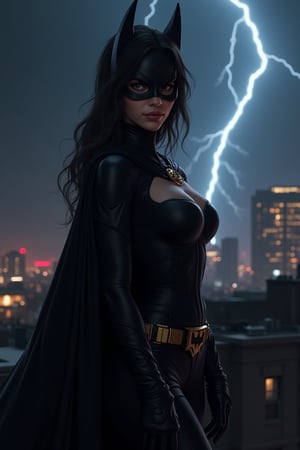 (Photorealistic:1.2), 
Young woman, look at viewer,, JinxKaryln,jinx league of legends, bat girl, black body con outfit, black cape, bat man mask, rooftop, city view, thunder sky, dark night