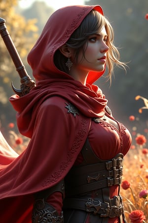 Cinematic shot of a woman with red hoodie, medieval fantasy, weapon on back, intricate and detailed outfit, red cape, wind blow, hair floating, cape floating.
Light particles floating, natural background, photography, bokeh, sharp focus. Best quality, masterpiece, ultra detailed, ultra sharp.