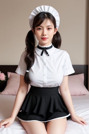 ultra realistic,1 girl, asian, cute, round face, short dual pig tails, black wavy hair, layer skirt, white shirt, maid hat, choker, bedroom