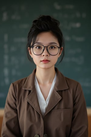 raw photo, photography, 35 mm, cowboy shot, straight and front view of a woman, Korean, 40 years old, teacher, elegant outfit, glasses, hair bun, black hair, blackboard classroom background, natural light, upper body,PTAIAsianBeauty