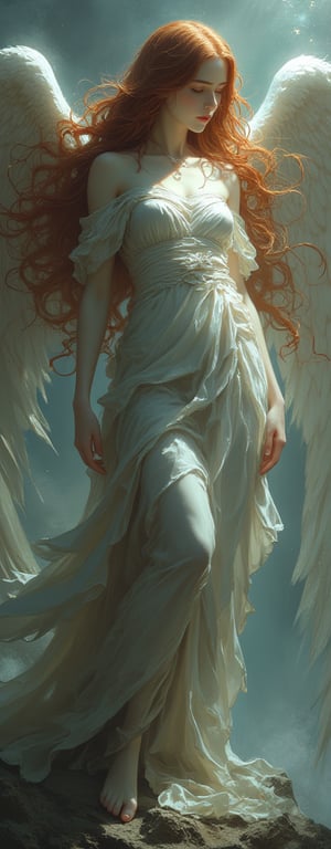 Fantasy,Mythology,etheral,statue,woman,long,flowing hair,wings,adorned with cyrstalline formations,serene pose,detailed,dress in draped cloth,otherwordly,mythical.hyper-realistic,hyper-detailed,cinematic,dramatic.,RHAngel