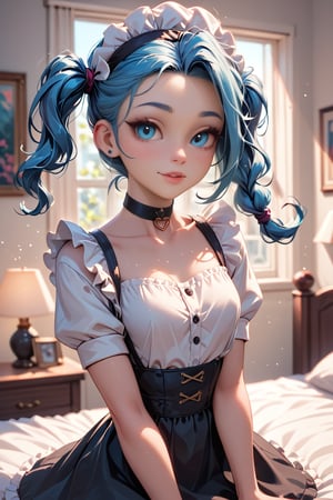 score_9, score_8_up, score_7_up, score_6_up,1 girl, asian, beautiful, short dual pig tails, black wavy hair, layer skirt, white shirt, maid hat, choker, bedroom, photography, bokeh, cute,(best quality), (masterpiece),JinxKaryln, Jinx