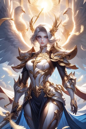 (masterpiece), (ultra detail), (intricate armor), royal style. A female angel, wide wings, feather, armor, levietate among cloud and sun light, (surreal painting), (epic:1.2), (majestic), (catholic:1.2), silver hair floating, holding sword
