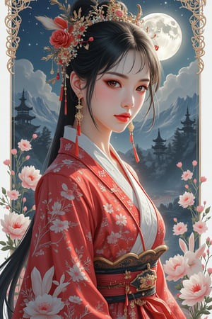 woman, (upper body:1.3), portrait, (snicker design with white border:1.2), dark red and white, (serene:1.2), (detailed outfit), (night moon and mountain background:1.2), (rabbits), intricate, masterpiece, (2D illustrator:1.2), best quality, highres, girly color, (highly detail).,Hanfu