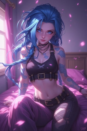 JinxKaryln, 1girl, bedroom, sunlight, soft shadow, portrait, allure, romantic, digital paint, Jinx league of legends