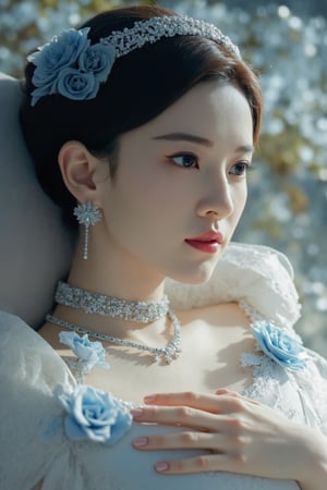 Photorealistic, cinematic, (side light:1.3), close up portrait, a woman, lie, (hand on chest), petals, blue rose decoration, white ren dress, veil, hair ornament, intricate carving jewelry, choker, ribbons, necklace, bracelet, jewelry headband, soft shadow, PTAIAsianBeauty