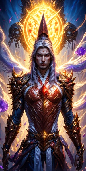 1man, solo, Generate an image of mysterious wuxia demigod semi devil, long white hair, sharp eyes, The globule of violet mist rotated rapidly around his body, emitting countless strands of Violet Qi throughout wizard's body. A brutally powerful aura appeared within his physical body and grew more powerful, his Spiritual Sense expanded, and most obviously, the Blood Clone and the Blood Death World he was within slowly began to grow stronger, dynamic pose, masterpiece, fantasy, intricate details, very high quality, 16k, high_resolution, sharp focus, vivid color, magic, qi, cakra,  cinematic front lighting, front light,  Ethereal background, royal armor