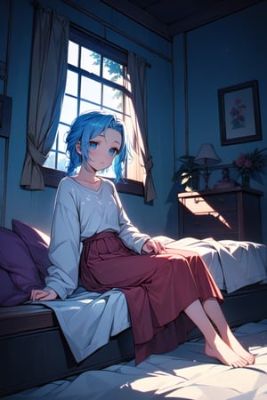 Jinxkaryln, (masterpiece), Bed room, old color photo, sit on bed, shirt, layer skirt, straight view, romantic, cozy, chill, sun light, window, light beam, ambient light