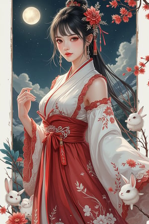 woman, (upper body:1.3), portrait, (snicker design with white border:1.2), dark red and white, (serene:1.2), (detailed outfit), (night moon and mountain background:1.2), (rabbits), intricate, masterpiece, (2D illustrator:1.2), best quality, highres, girly color, (highly detail).,Hanfu