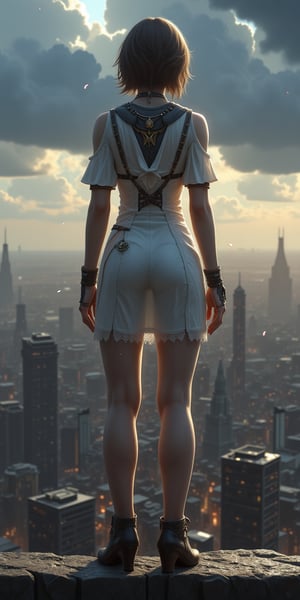 A woman, (fullbody shot), (looking at viewers:1.3), white bodycon dress, beautiful face, fantasy art, egyptian outfit, chinese collar,small waist, (standing on the edge:1.2), (fiction cyberpunk city view), short bang, brown hair, dark cloud sky, thunder lighting.