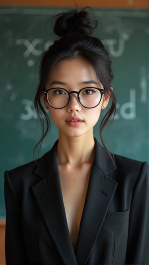 raw photo, photography, 35 mm, (cowboy shot), straight and front view of a woman, beautiful face, (luxurous woman:1.2), (20 years old), fashion and luxury elegant outfit, fashion glasses, hair bun, black hair, blackboard classroom background, natural light, upper body,PTAIAsianBeauty