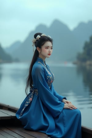 Woman, Eroflo, elegant, blue outfit, the ươman on the boat, chinese theme, gloomy mountain background
35 mm, cinestill 50D, f/8, photopgraphy