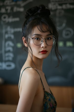 raw photo, photography, 35 mm, cowboy shot, straight and front view of a woman, 20 years old, young and hot body, smooth skin, beautiful curve of woman body, elegant outfit, glasses, hair bun, black hair, blackboard classroom background, natural light, upper body,PTAIAsianBeauty