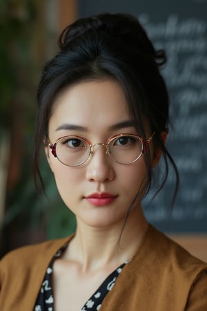 raw photo, photography, 35 mm, cowboy shot, straight and front view of a woman, beautìul face, (luxurous woman:1.2), (40 years old), teacher, fashion and luxury elegant outfit, fashion glasses, hair bun, black hair, blackboard classroom background, natural light, upper body,PTAIAsianBeauty