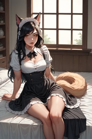 Score_9, Score_8, Score_7_up, Score_6_up, 
Ahri, black dress, white shirt, maid skirt, maid hat, fox ear, fox tail, bed, wooden house BWcomic