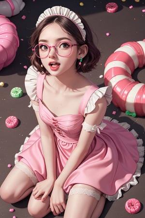 Glow pink, line art, a cute girl, small, slim, ear fox, sit, ground, candy, full of candy, candy on the ground, high angle, happy, look up, look at viewer, short hair, short bang, maid dress, puffed clothes, wide dress, round glasses, candy land
(Masterpiece), hyper detail, 8k, best quality