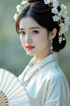 Raw photo of a Asian woman in a white chinese clothes with a silver necklace and earrings.She is holding a white fan. The woman's hair is adorned with white flowers adding a touch of beauty to the scene. The background is blurred creating a soft focus on the woman's face.neon lighting,PTAIHanfu