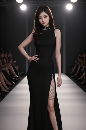 , masterpiece, best quality, highres, uhd, 8k, hyper realistic,
fashion model, body-con dress, fishnet stockings, posing, fashion photoshoot, sleeveless black dress, Chinese collar dress, backlighting, catwalk, long leg, thin leg, slim,
Noir comic
