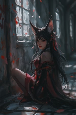 (masterpiece), (best qulity), 8k, uhd, detail, hyper detail. J1 girl, sit on the floor, dark room, wooden floor, (sad theme), looking back, W sit pose, Jinx arcane outfit, grafiti wall, dark room, dark atmosphere, ambient light, vivid light, light beam,Ahri