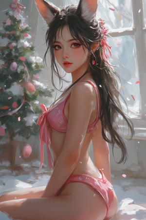 young woman,JWY, pretty, digital paint, masterpiece, 2.5 D ilustrator, brushstroke, splash art, bunny, easter egg, swim suit, cozy room, christmas decoration