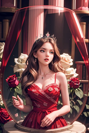 Glow, a woman with wide dress in the dark room palace, stack rock wall, bookshelf, fantasy theme, old european time, glowing red rose, (rose inside glass tank:1.4). Princess, noble dress, long wavy hair, crown 