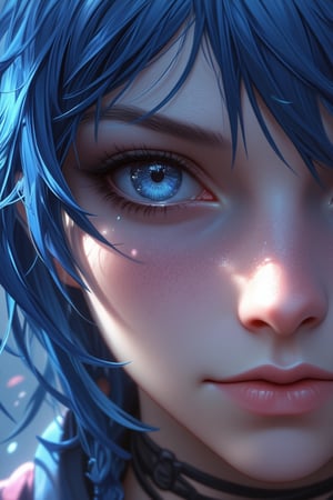 (super close:1.3), (half face of a woman:1.4), (Straight view:1.4), (looking at viewers:1.2), (pattern decoration), Japanese theme, gradient light, (high contrast), simple background, Impressive,aerith,jinx league of legends, Blue hair