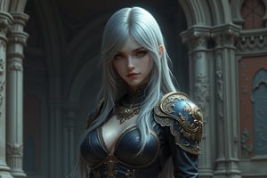 A woman, (fantasy art), (epic), hot body, sexy, chest plate, shoulder layer armor, straight silver hair, look at viewer, (holding a sword on her chest:1.3), choker, (collar bones), belly skin.
(Intricate armor), abandoned church background, gloomy, (cold color tone background), carving columns, arts on the wall