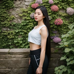 Raw photo, realistic, 1 girl, sporty, croptop, sport pants, cap, long straight hair, lean, looking at viewer, side angle, photography, light from above, sun light, dim lit, garden, flowers and sunlight, old wall castle, medieval wall, (asian beauty), hot model, best face, pretty, beautiful, 