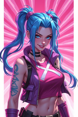 , jinxkaryln,jinx league of legends, a woman, upper body, portrait, (snicker design with white border:1.2), background with hundred of lines shape, pink background, the woman in Jinx arcane dress, croptop and X on the chest (detailed outfit), smile crazy, under her body is grenades logo, X barrier and gatling guns, huge mushroom shape explosion on the background, intricate, masterpiece, (2D illustrator:1.2), best quality, highres, girly color, pink pastel background, (highly detail).