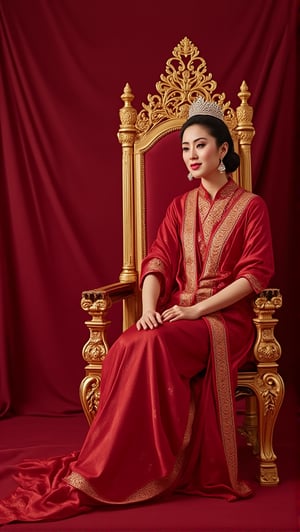 A woman, luxury and noble throne, sit, red carpet, side light, cinematic, intricate golden decoration, crown, royal,PTAIHanfu,Ahri,PTAIAsianbeauty, HKBT_CAKTT,HKBT_TM