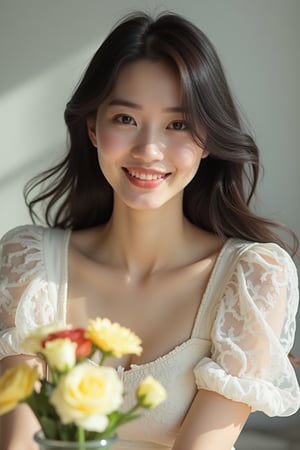 A young woman, charming, attractive face, shown in upper body view, wearing a white lace dress with puffed sleeves, modern fashion. Her long, dark hair flows freely. She is in a slightly bowed posture, with a flower vase on the table in front of her. The composition of the young woman and the flower vase follows the golden ratio, creating a visually pleasing arrangement. The soft lighting is sufficient to clearly see the woman's face, which has a serene, gentle smile. A soft shadow is cast on the wall behind her.