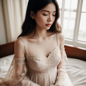 Photography, 1 woman, 2 string dress, sleeping dress, bedroom, bokeh, sharp focus, (asian beauty), best quality, masterpiece, muted color, lowkey, low sat