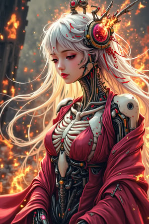 A female cyborg in woman hanfu outfit, fire burning, larva scene background, skeleton, long silver floating hair, masterpiece, intricate.,PTAIPsyberpunk,PTAIHanfu