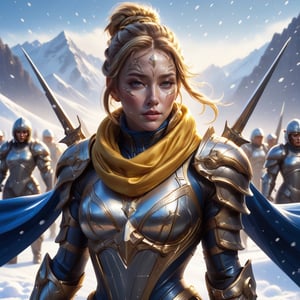 digital painting inspired by WLOP, intricate draw, cut/rip, jaggy, try hard, epic theme, masterpiece, cinematic gradient color, film grain, a female soldier in reflective armor suit, hair braid, dark yellow hair ornament, fur scarf, blue cape, dazzling atmosphere, setting background is an army of thousand man in the form, snow, wind blow, intricate and divnine armor