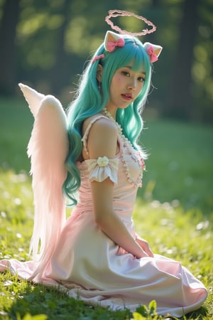 young woman,JWY,  woman, puffed dress, angel wings, side angle, (full body), sit, grass, forest, sunlight, cyan hair, fantasy art, fatasy theme, bow head, sad face