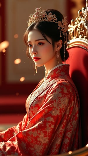 A woman, luxury and noble throne, sit, red carpet, side light, cinematic, intricate golden decoration, crown, royal,PTAIHanfu