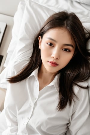 1 girl, realistic, a girl, medium hair, straight hair, look at viewer, high angle, on bed, white shirt, lie