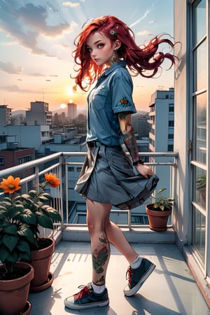 Pretty teenage girl, slim body, school unifrom, (fashion shoes), (Side view), (the girl look at viewer). Stylish, energetic, (small tattoo). She is on the balcony, city view, sun set, romantic, natural light, wind floating. Scarlett hair, hair ornament, flower pots on balcony decoration. BWcomic, flatdraw,more detail XL