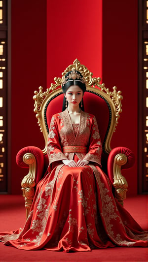 A woman, luxury and noble throne, sit, red carpet, side light, cinematic, intricate golden decoration, crown, royal,PTAIHanfu