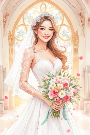 Watercolor, a woman in wedding dress, flower bouquet, veil, long wavy hair, happy, flower cover face, green ribbons, church background, kaleidoscope window